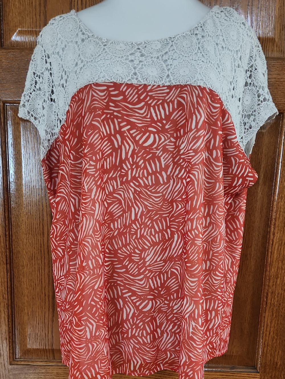 Roz & Ali Crochet Yoke Orange Printed Blouse